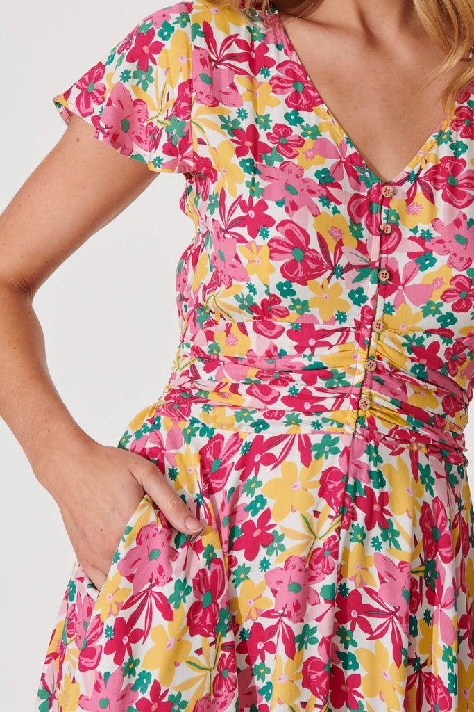 Grazie Dress In Pink With Yellow Floral - detail