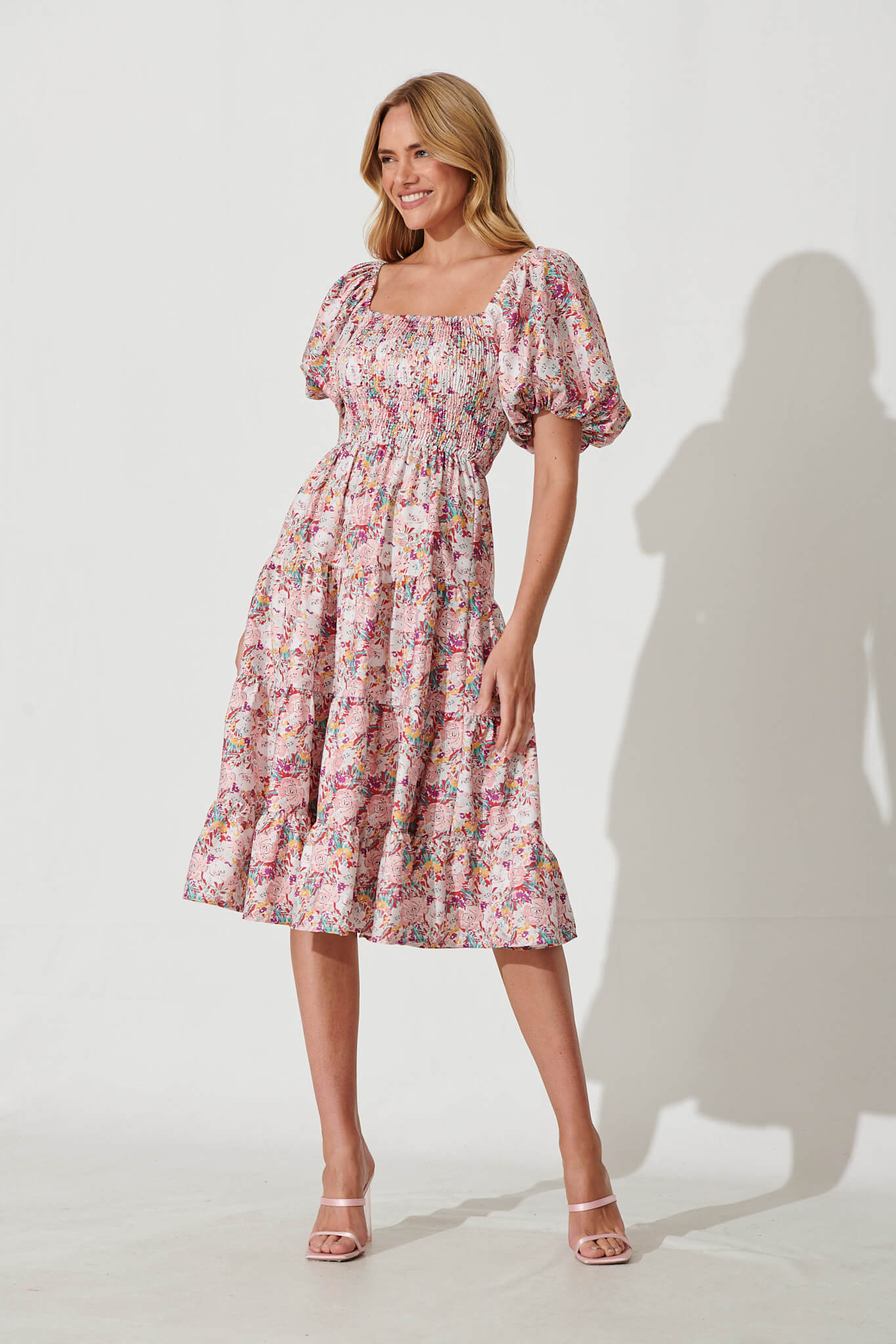 Anytime Midi Dress In Multi Pink Floral Cotton Blend - full length