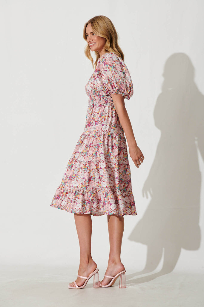 Anytime Midi Dress In Multi Pink Floral Cotton Blend - side