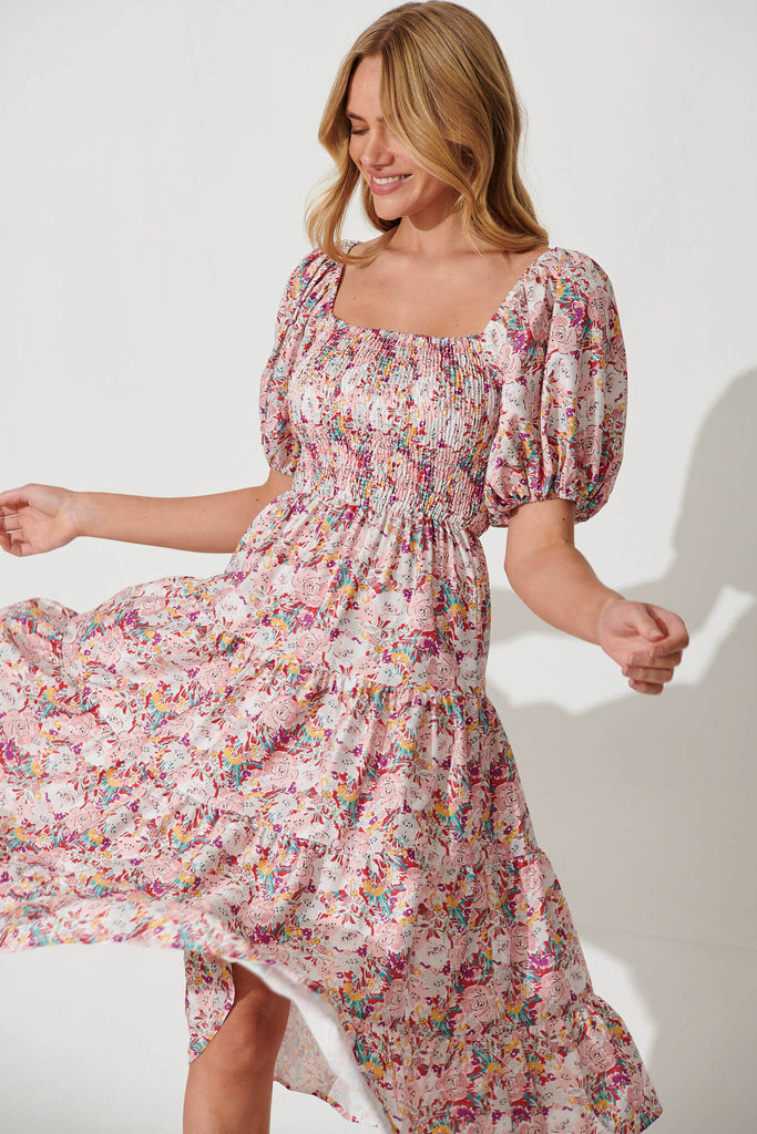 Anytime Midi Dress In Multi Pink Floral Cotton Blend - front
