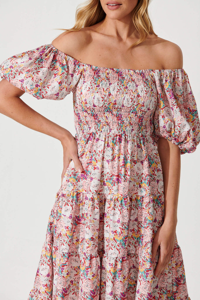 Anytime Midi Dress In Multi Pink Floral Cotton Blend - detail