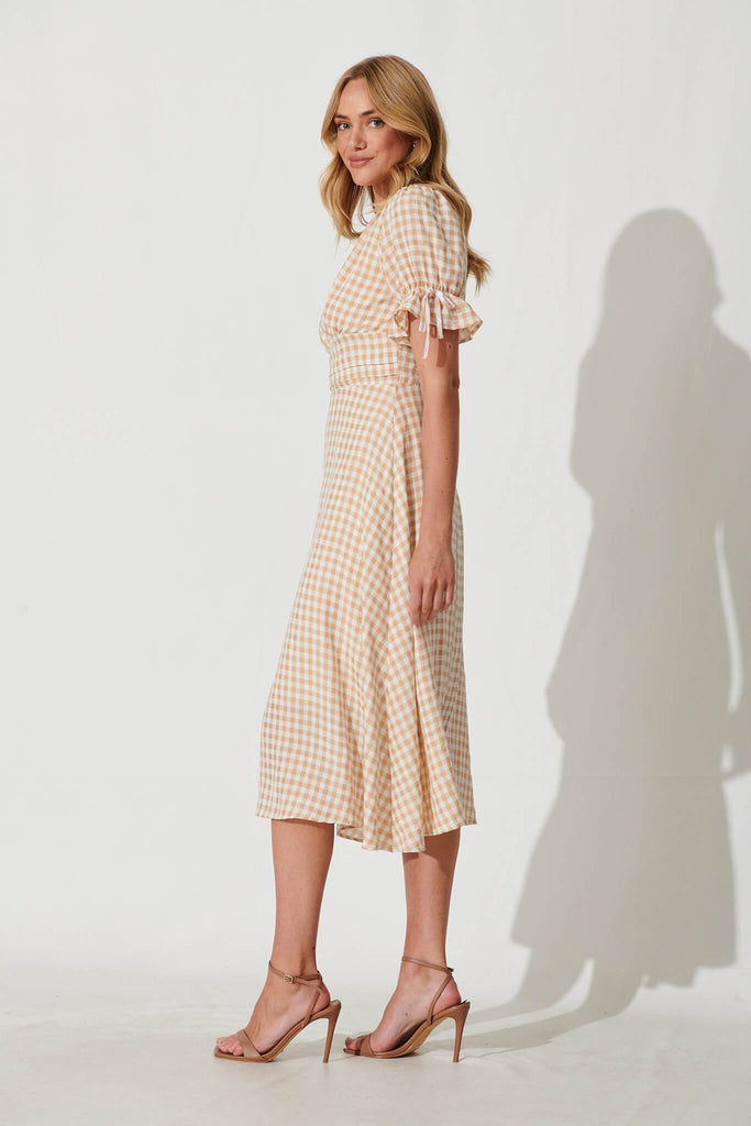 Sunrays Midi Dress In Beige Gingham Check Cotton Blend - side