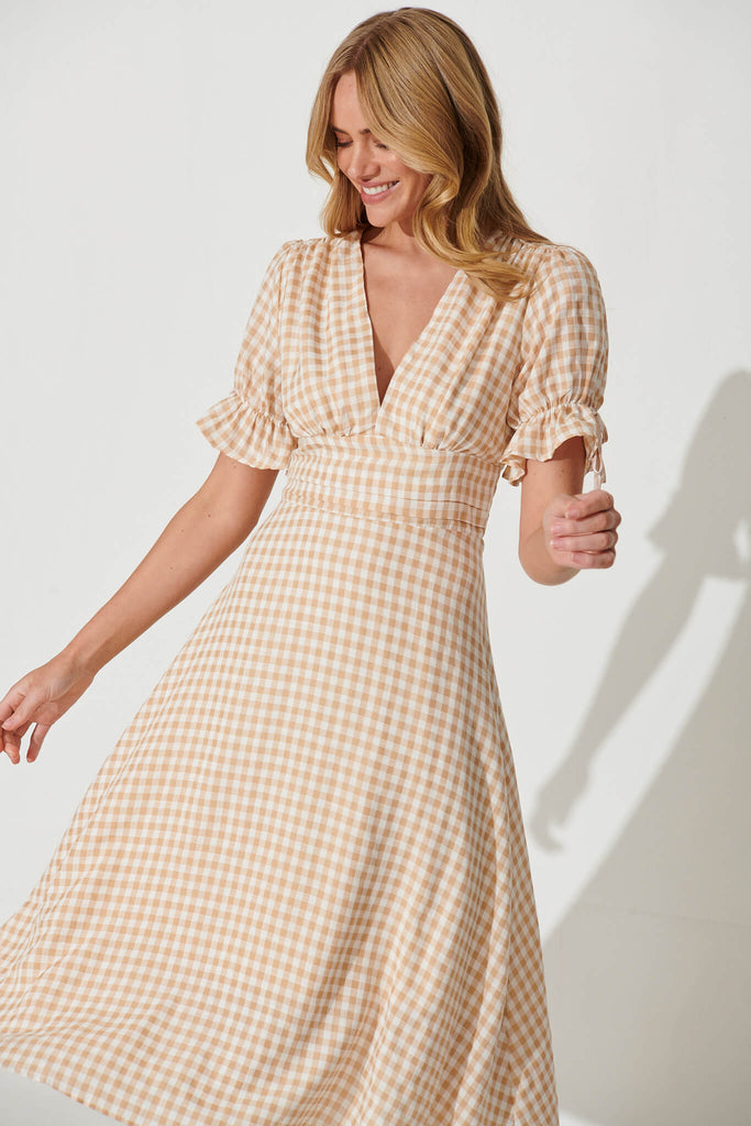 Sunrays Midi Dress In Beige Gingham Check Cotton Blend - front