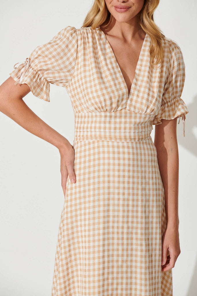 Sunrays Midi Dress In Beige Gingham Check Cotton Blend - detail