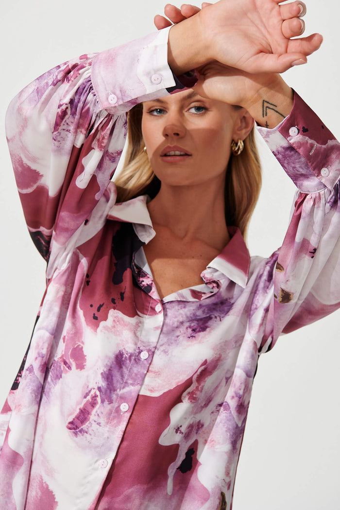 Afternoon Shirt In Pink With Purple Watercolour Satin - detail