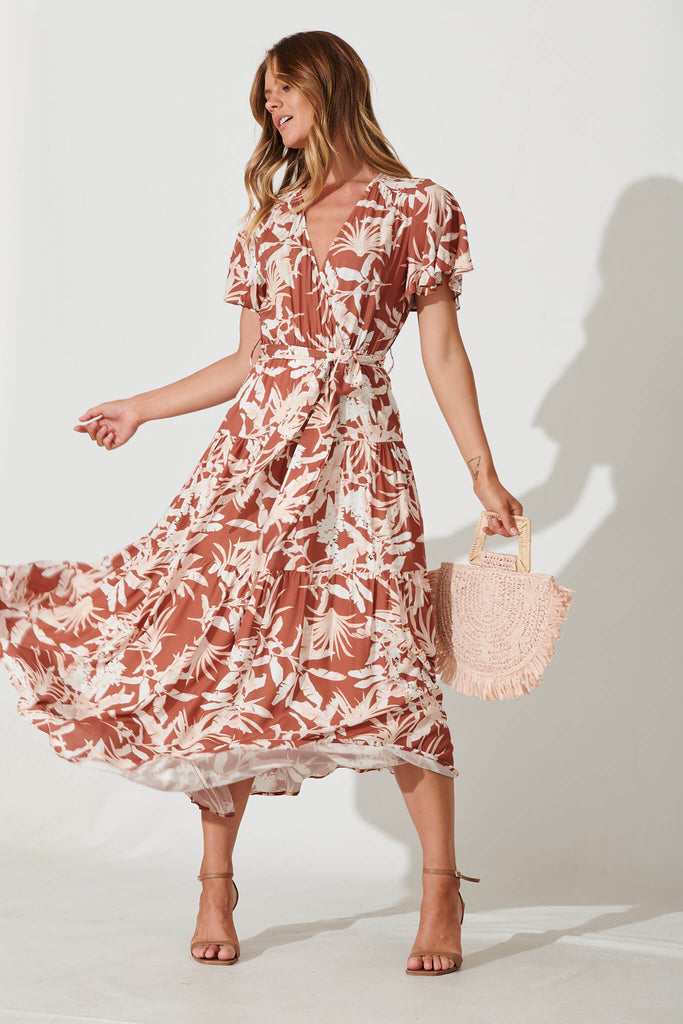 Heidi Maxi Dress In Rust Leaf Print - full length