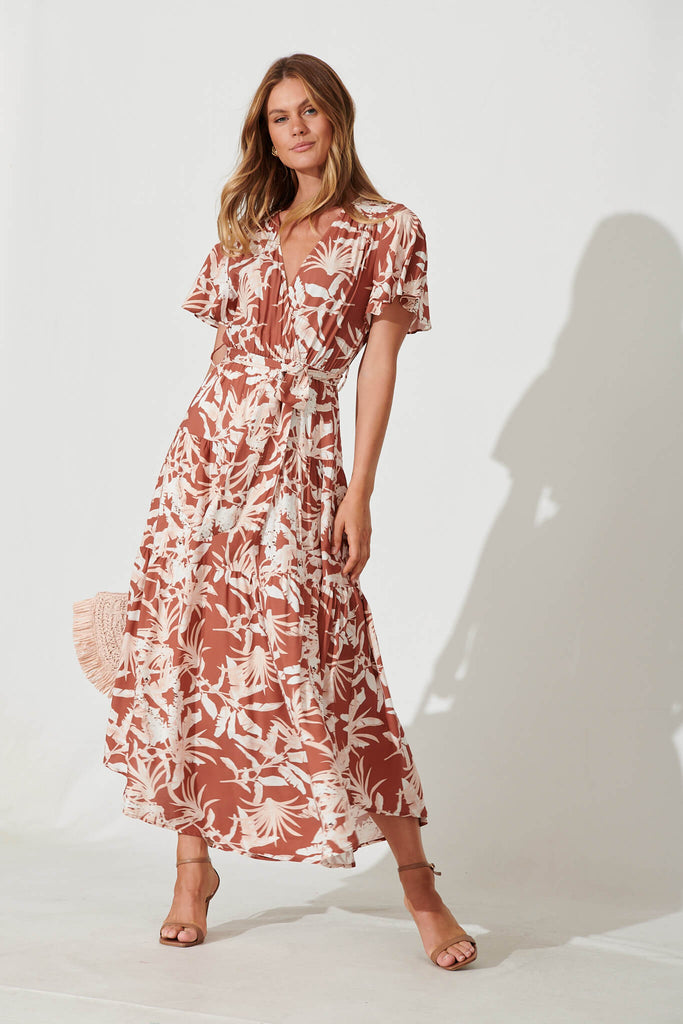 Heidi Maxi Dress In Rust Leaf Print - full length