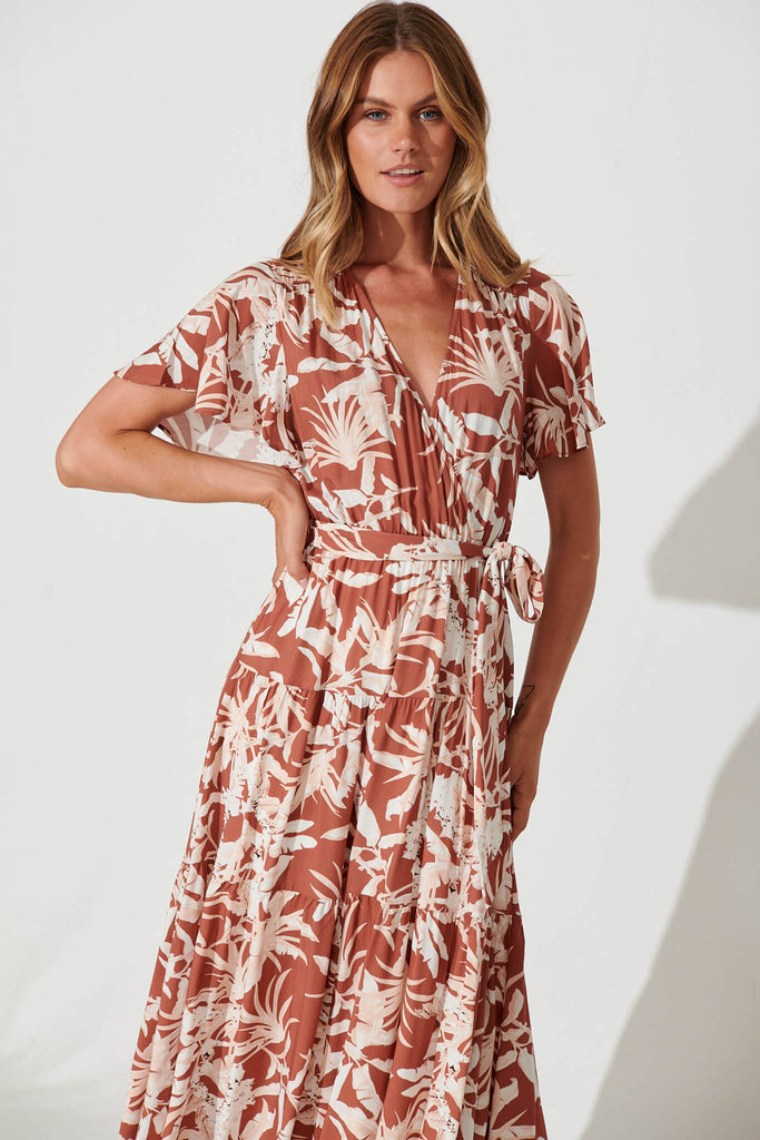 Heidi Maxi Dress In Rust Leaf Print - front