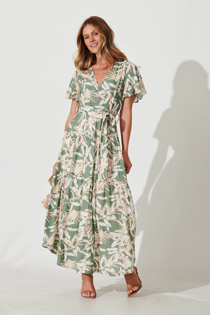 Heidi Maxi Dress In Green Leaf Print - full length