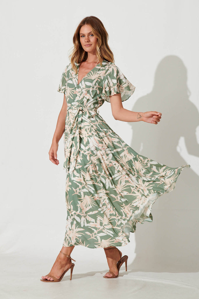 Heidi Maxi Dress In Green Leaf Print - side