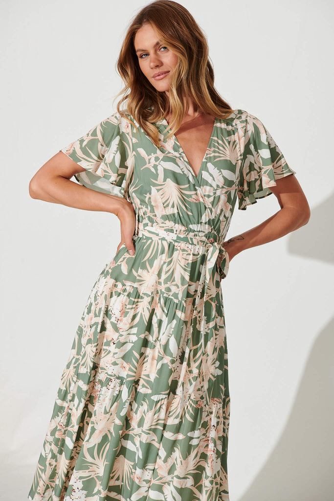 Heidi Maxi Dress In Green Leaf Print - front