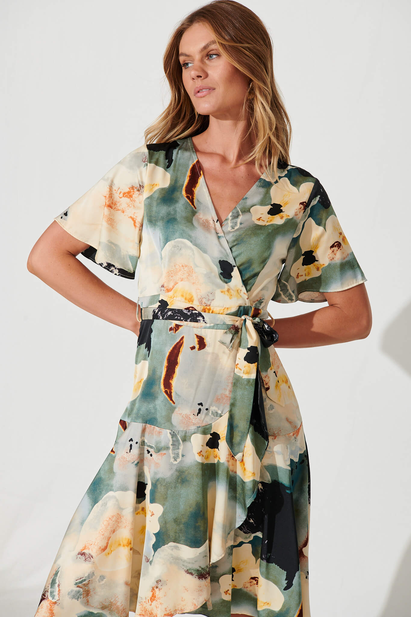 Lacey Wrap Dress In Cream And Green Watercolour Satin – St Frock