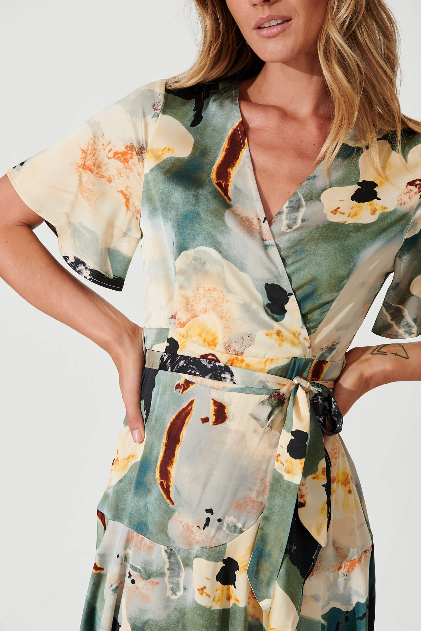 Lacey Wrap Dress In Cream And Green Watercolour Satin – St Frock