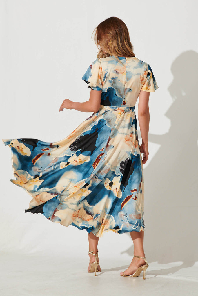 Marilou Maxi Dress In Blue And Cream Watercolour Satin - back
