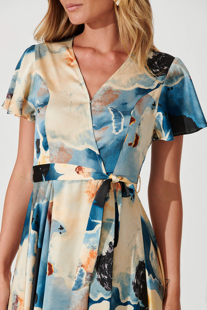 Marilou Maxi Dress In Blue And Cream Watercolour Satin - detail