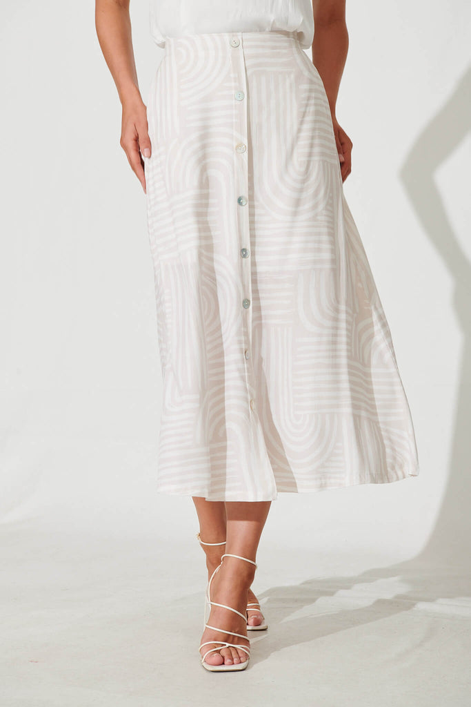 Moree Midi Skirt In Beige Geometric Print Linen Blend - front