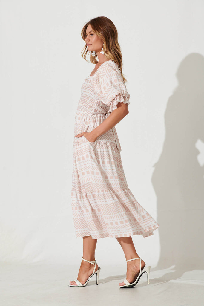 Morning Midi Dress In Tan And Cream Geometric Linen Blend - side