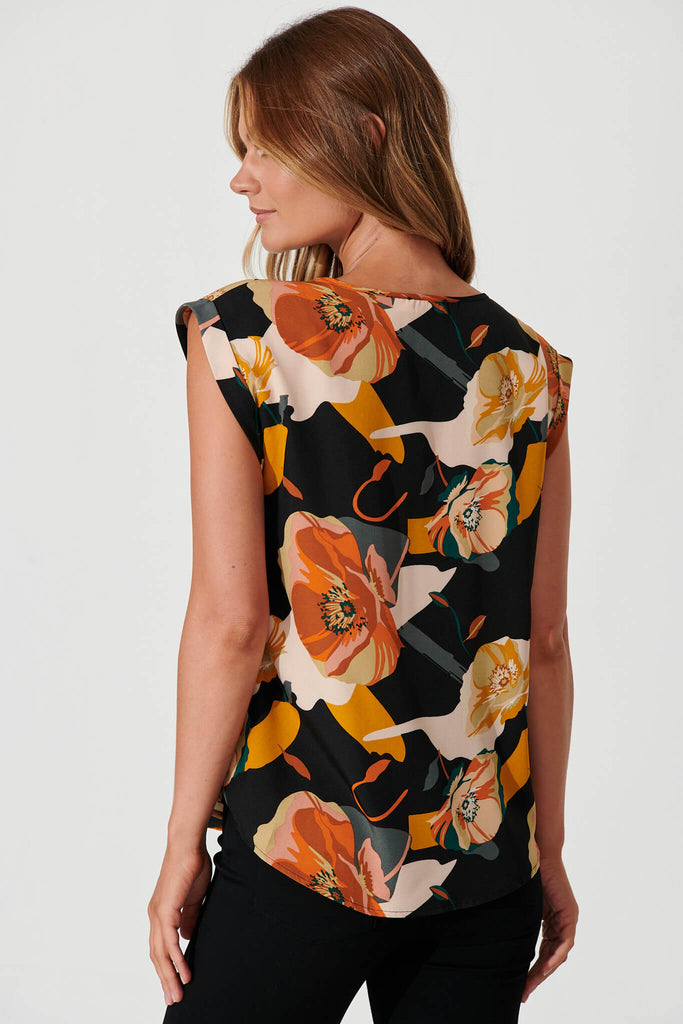 Rejina Top In Black With Rust Multi Floral - back