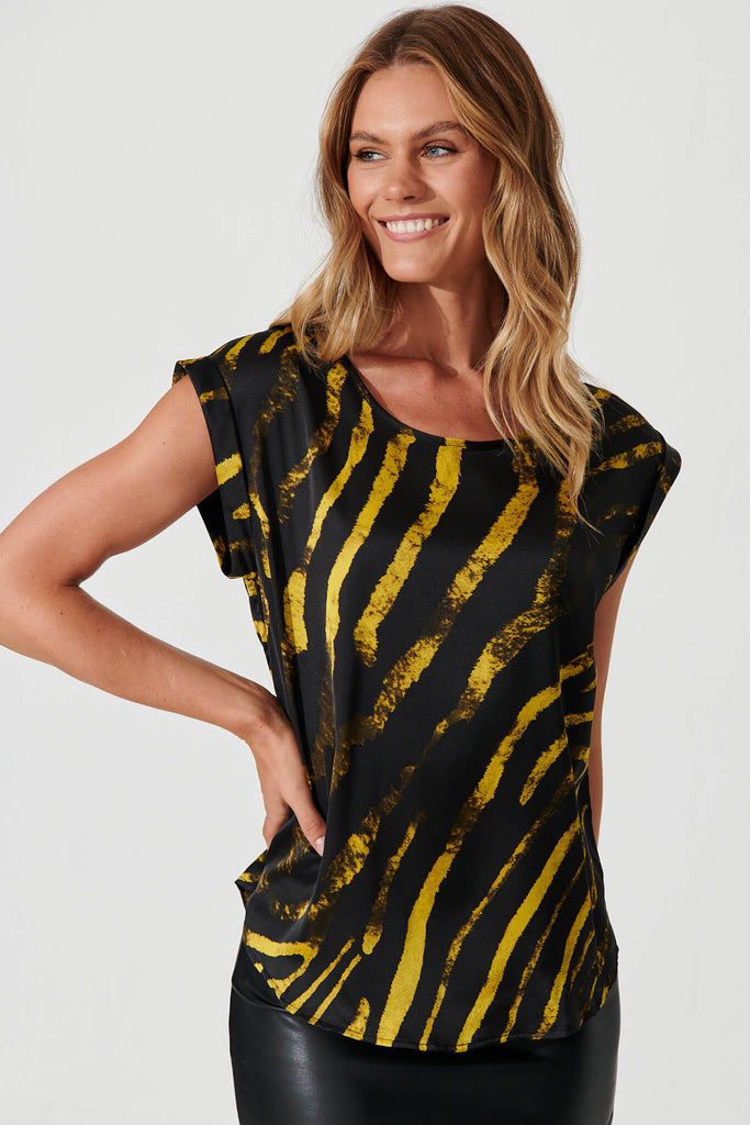 Rejina Top In Black With Yellow Print - front