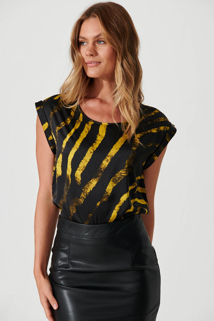 Rejina Top In Black With Yellow Print - front