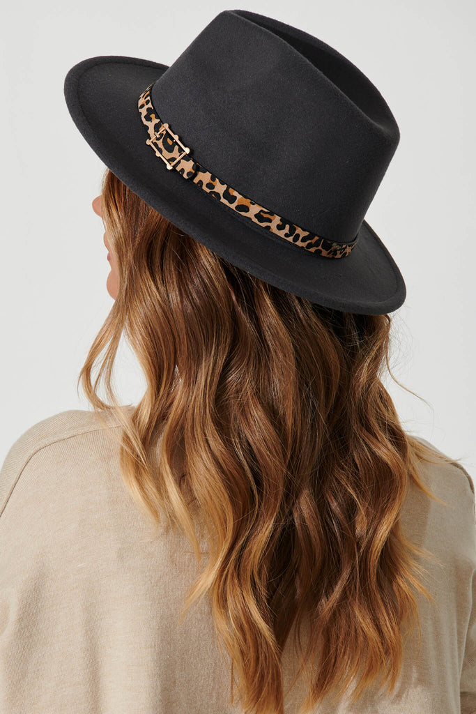 August + Delilah Dancy Fedora Hat In Dark Grey With Leopard Trim - back