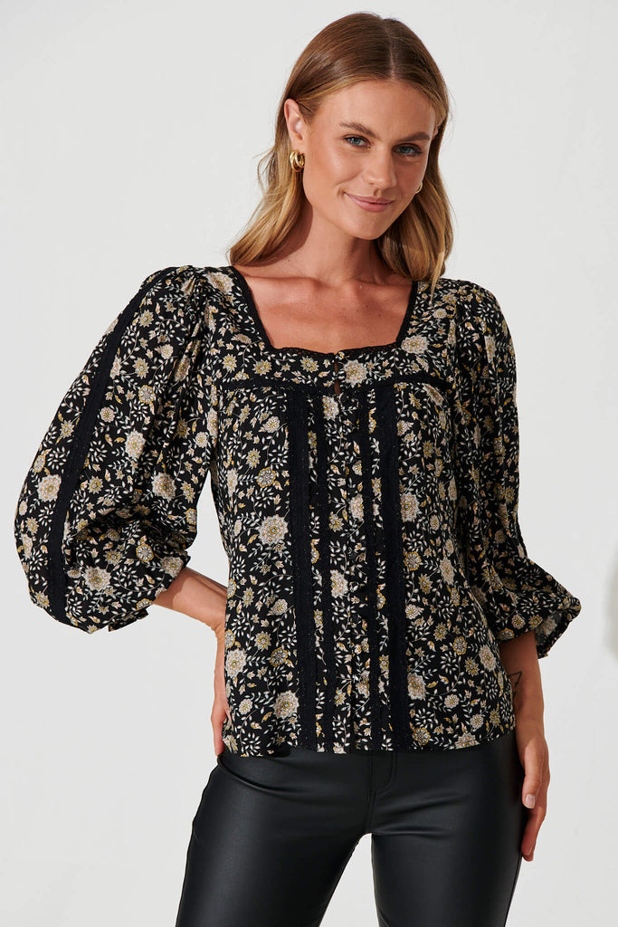Martika Top In Black With Cream Floral - front