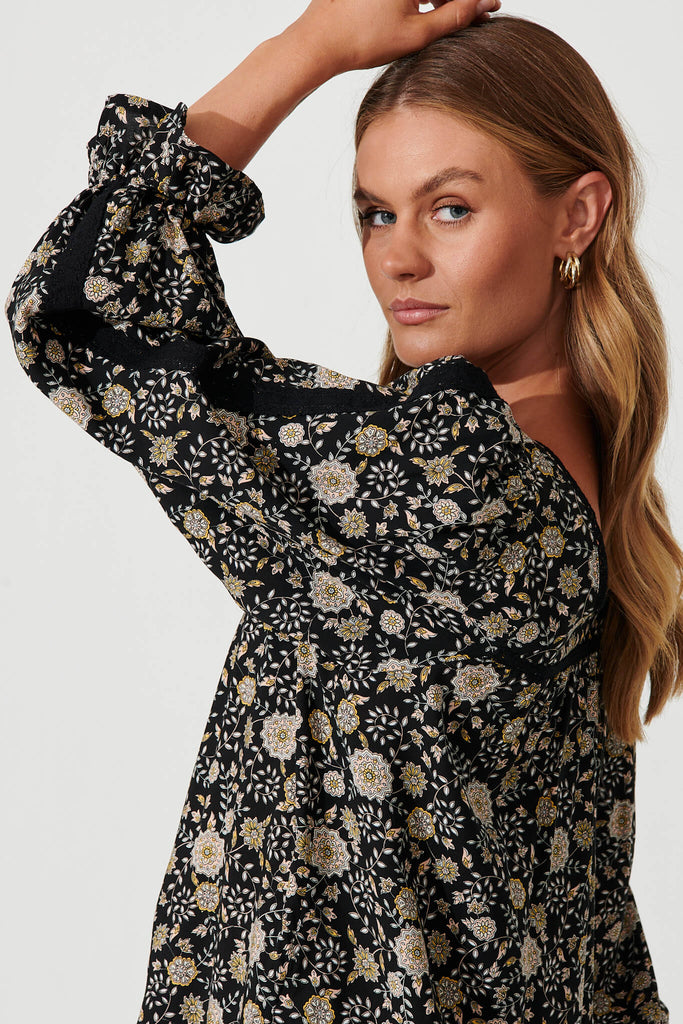 Martika Top In Black With Cream Floral - detail
