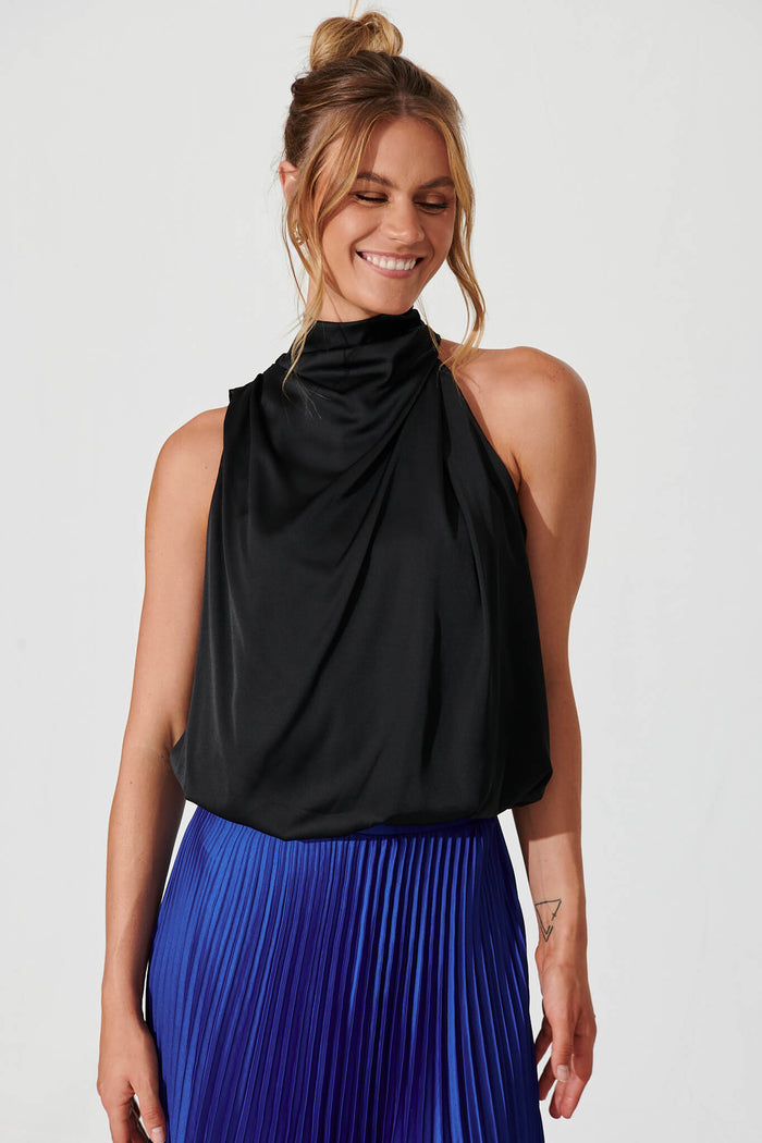Roxanne Top In Black Satin - front
