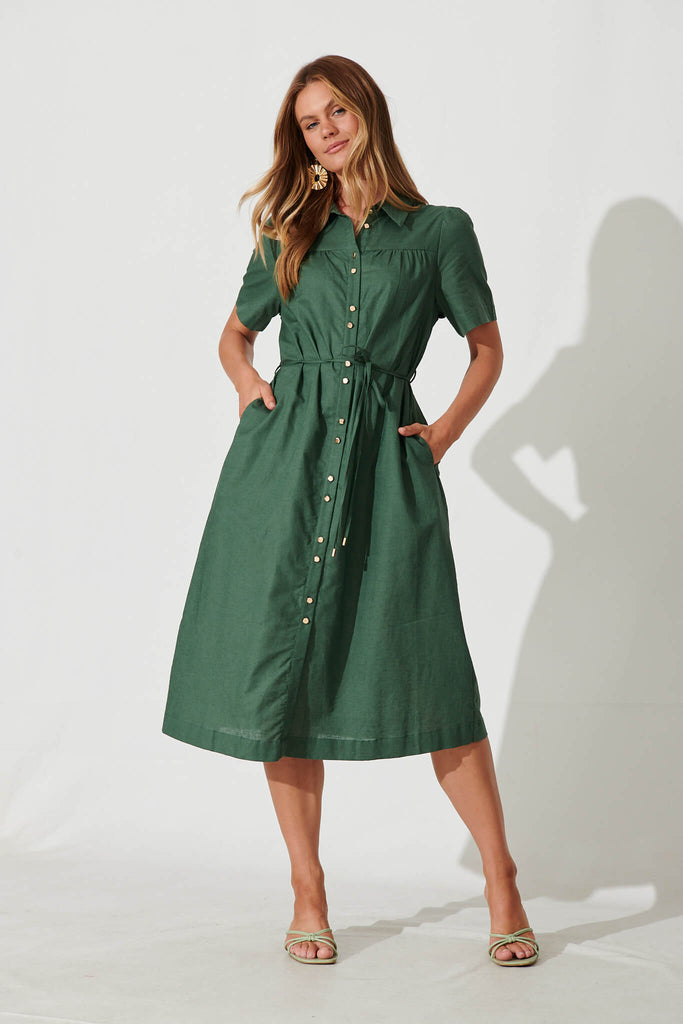Oatland Midi Shirt Dress In Green Cotton Linen - full length