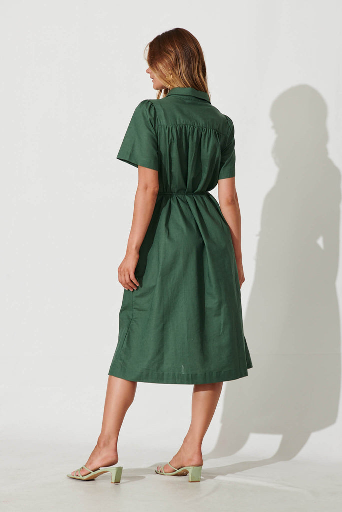 Oatland Midi Shirt Dress In Green Cotton Linen - back