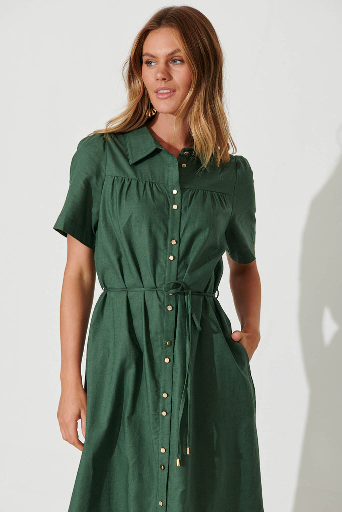 Oatland Midi Shirt Dress In Green Cotton Linen - front