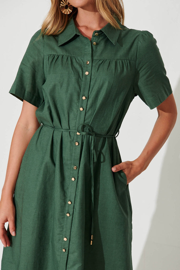 Oatland Midi Shirt Dress In Green Cotton Linen - detail