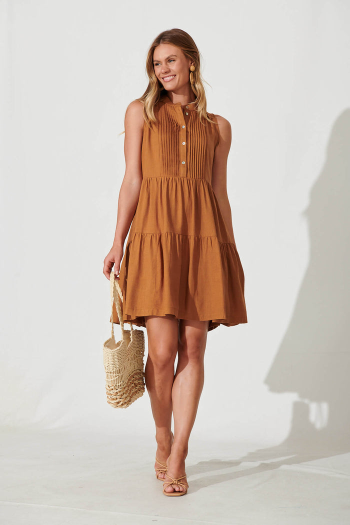 Celle Smock Dress In Camel Brown Cotton Linen Blend - full length