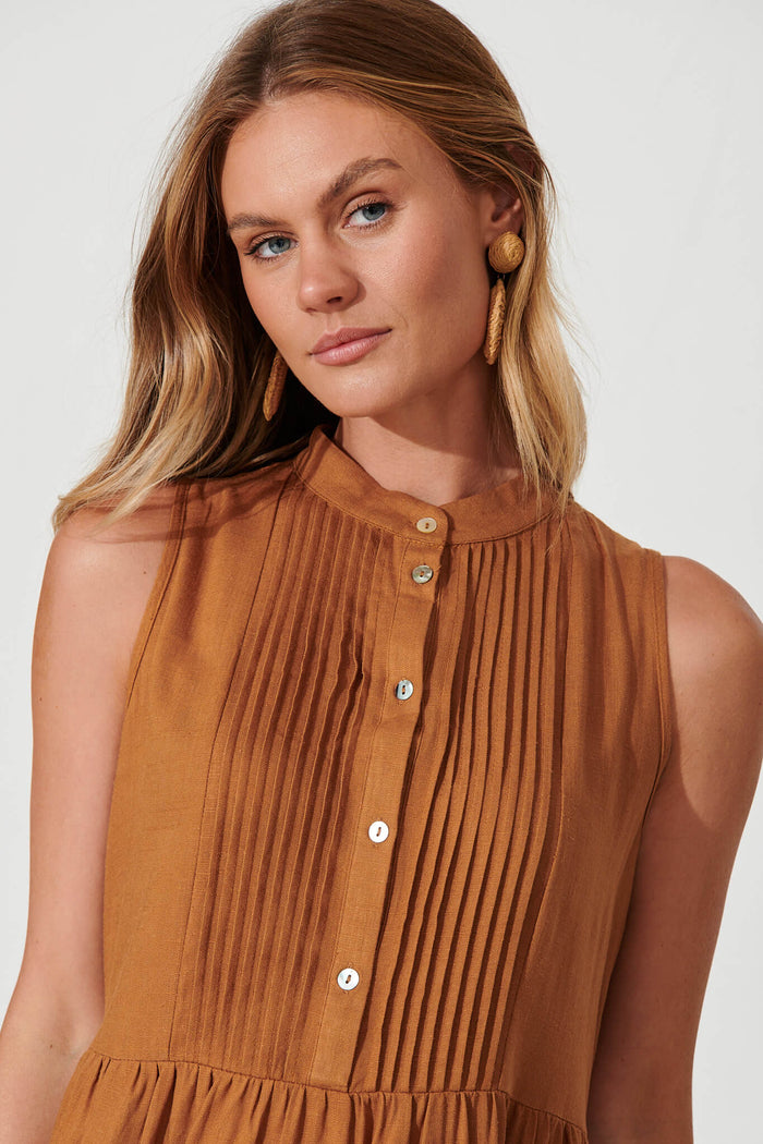 Celle Smock Dress In Camel Brown Cotton Linen Blend - detail
