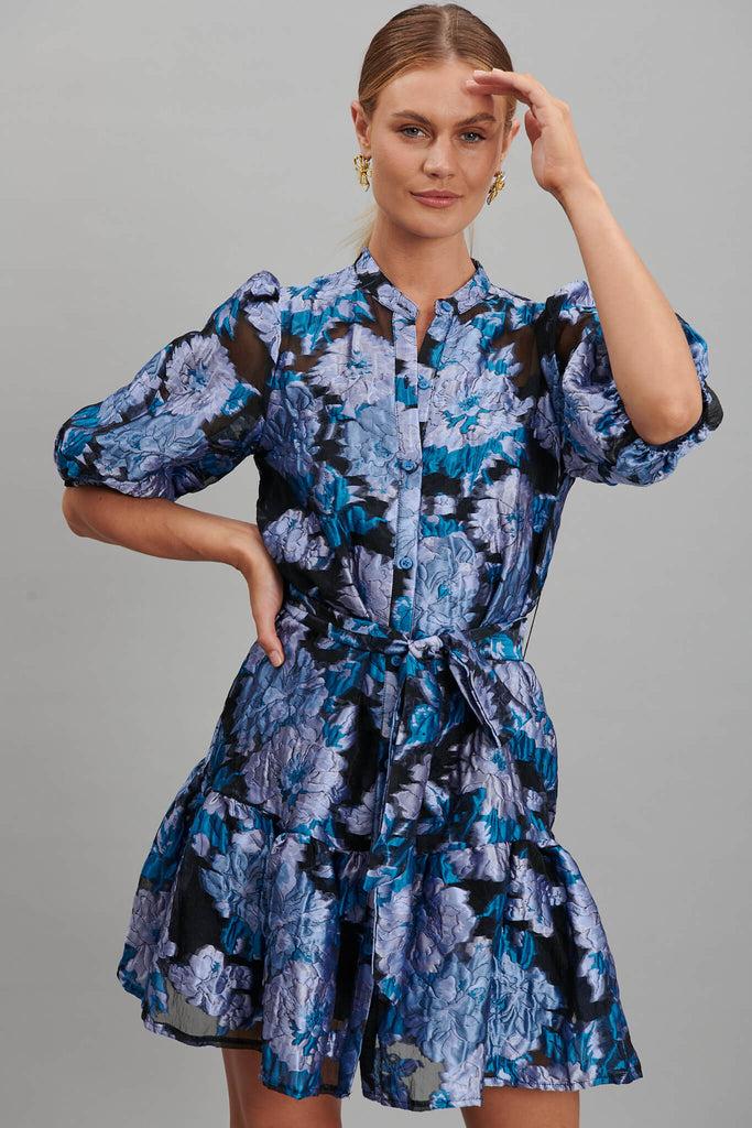 Giuliette Shirt Dress In Blue Floral Organza Burnout - front