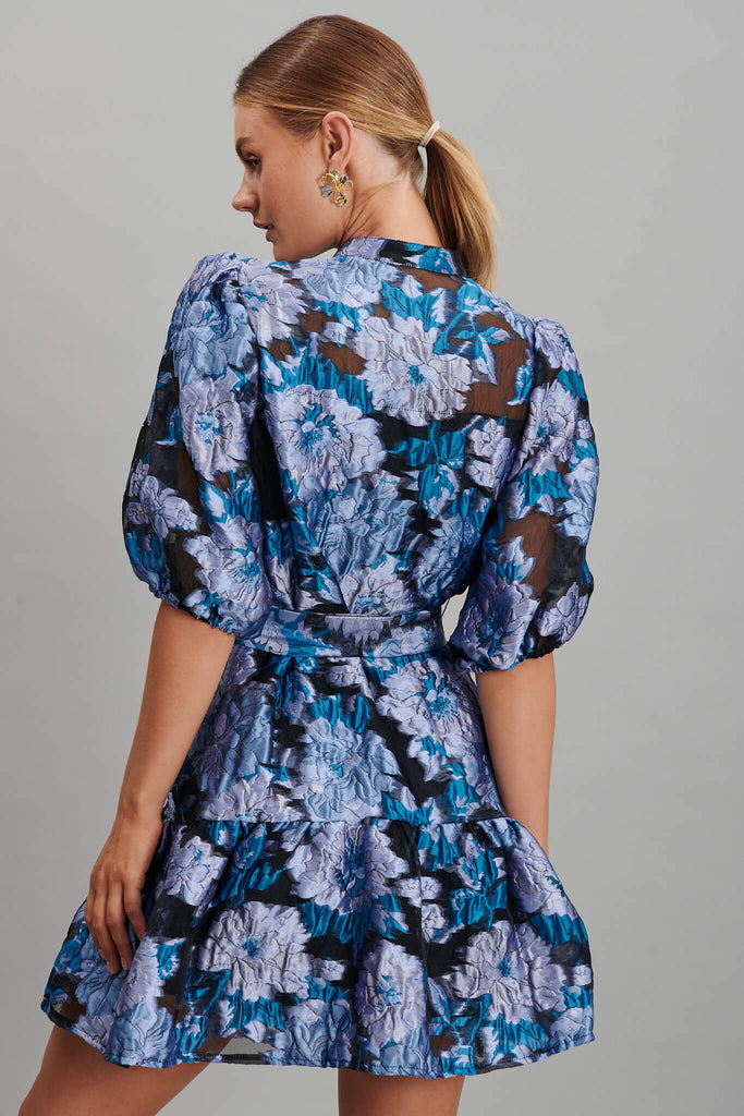 Giuliette Shirt Dress In Blue Floral Organza Burnout - back