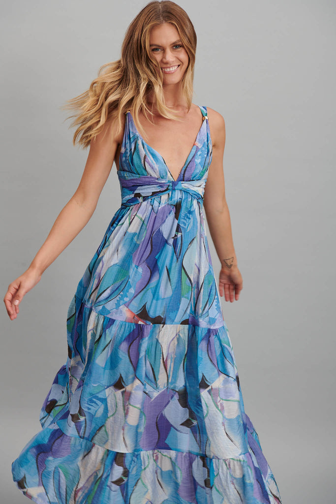 Lenni Maxi Dress In Blue And Purple Watercolour - front