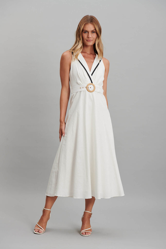 Enchanter Midi Dress In White Linen Cotton - full length