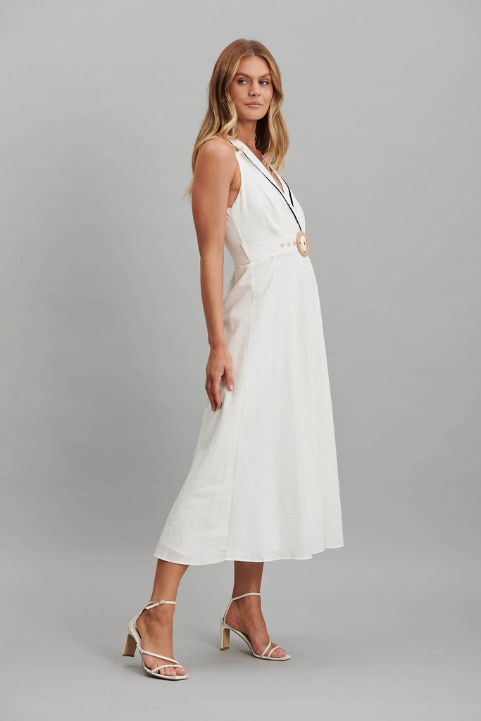 Enchanter Midi Dress In White Linen Cotton - side