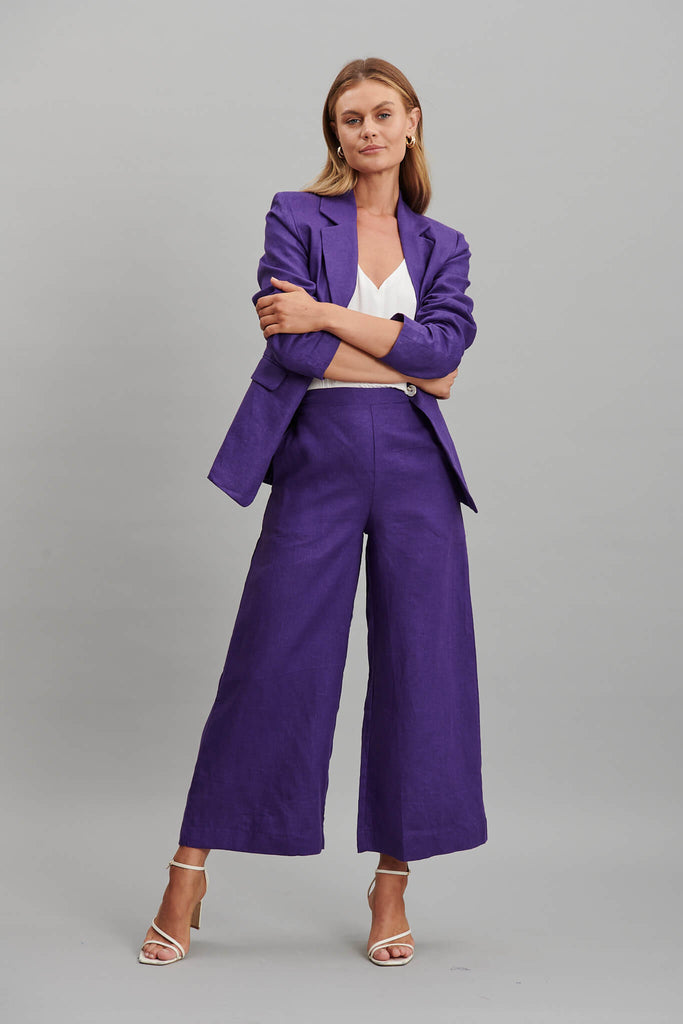 Clarita Pant In Purple Pure Linen - full length