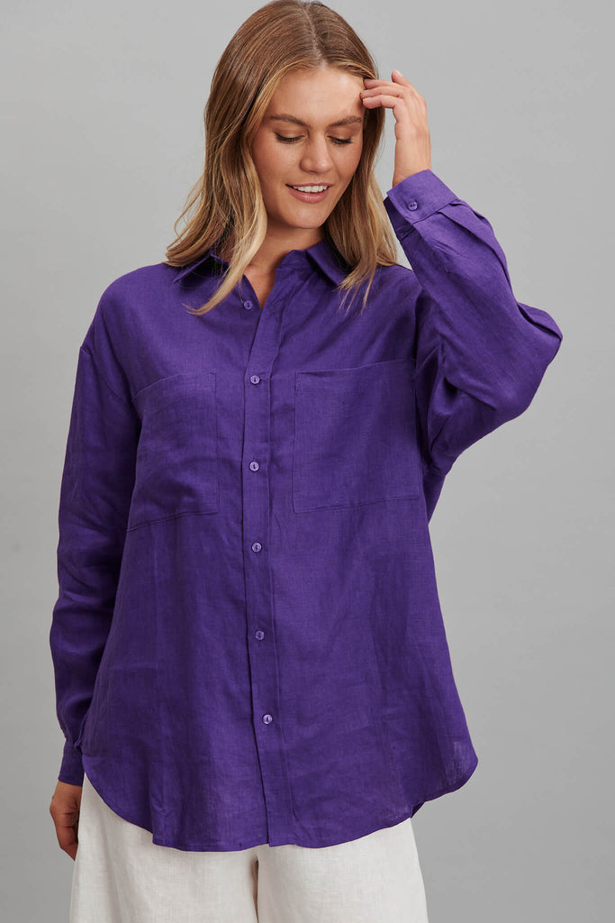 Yola Shirt In Purple Pure Linen - front