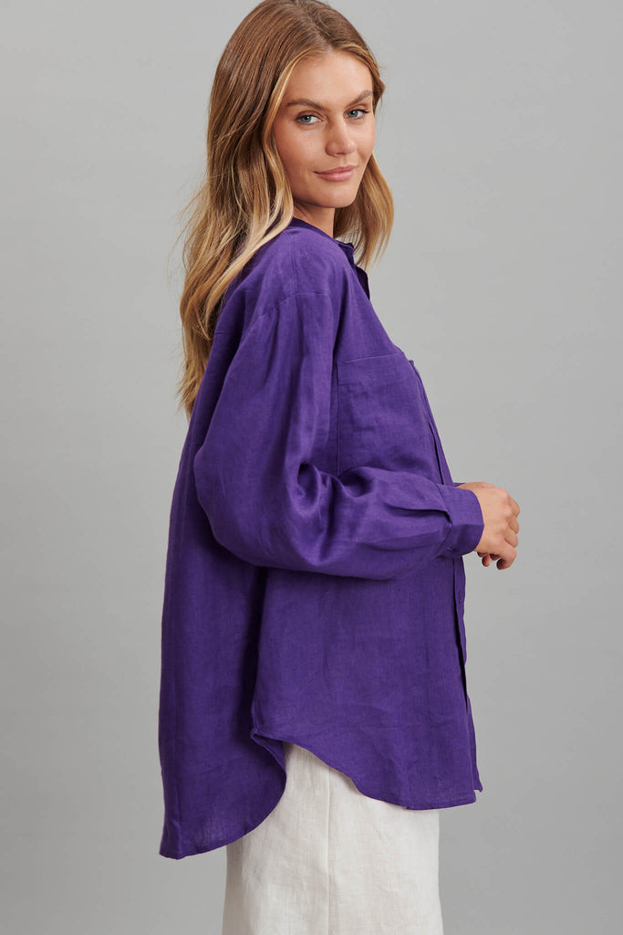 Yola Shirt In Purple Pure Linen - side