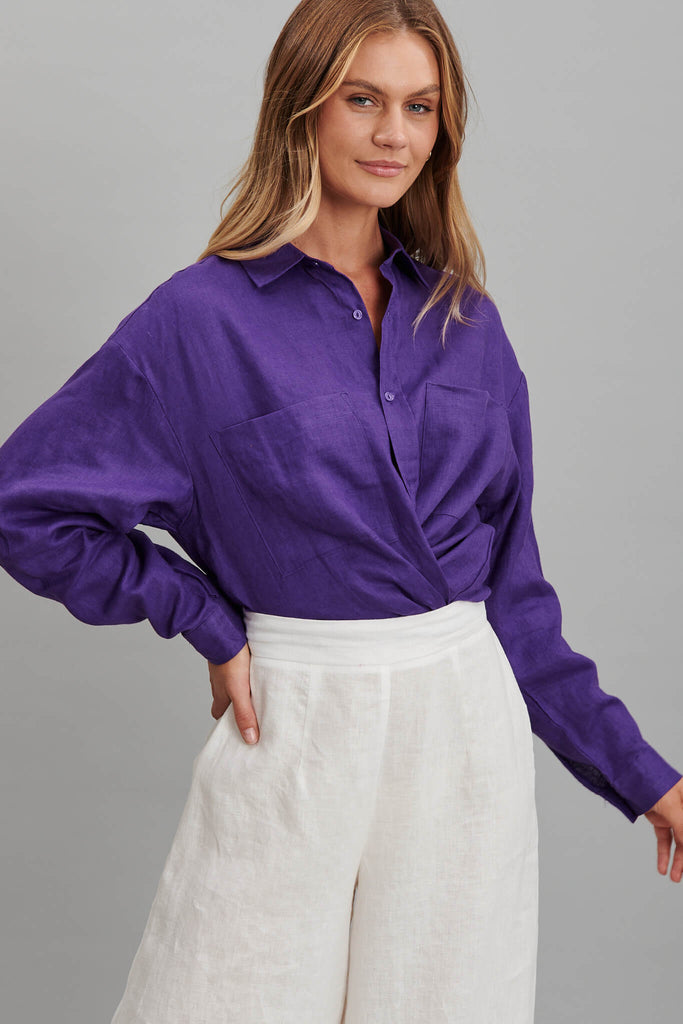 Yola Shirt In Purple Pure Linen - front