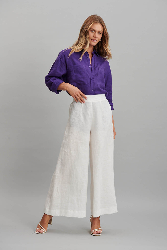 Yola Shirt In Purple Pure Linen - full length