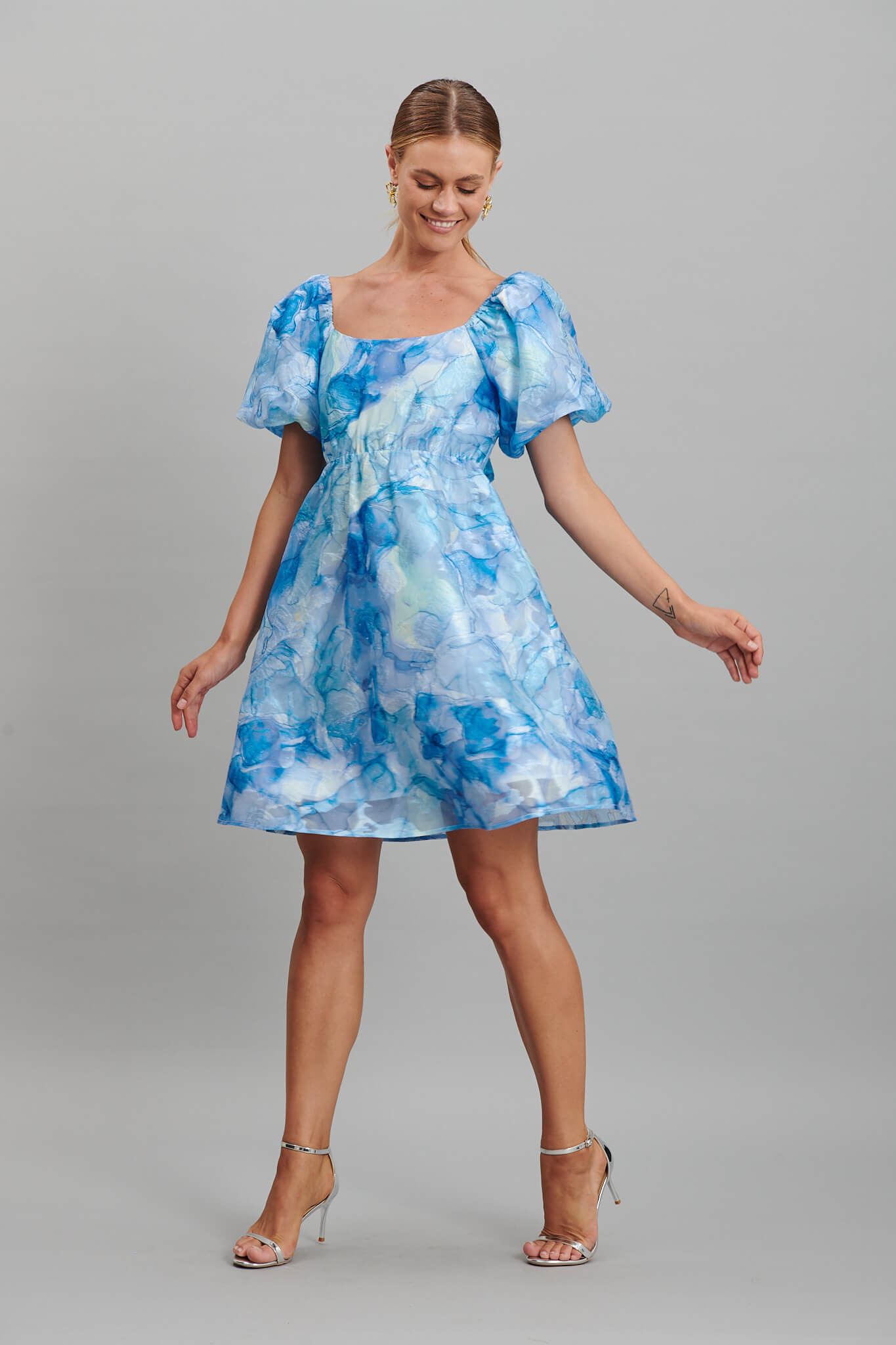 Sunset Sky Dress In Blue Floral Organza - full length