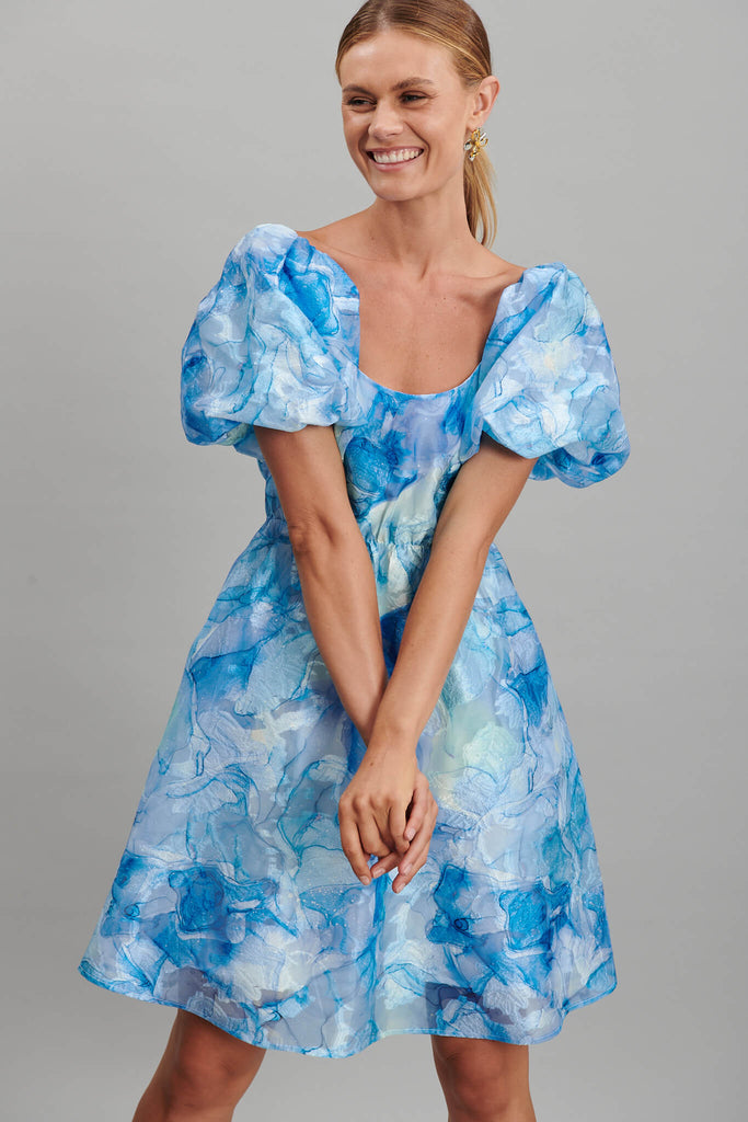 Sunset Sky Dress In Blue Floral Organza - front