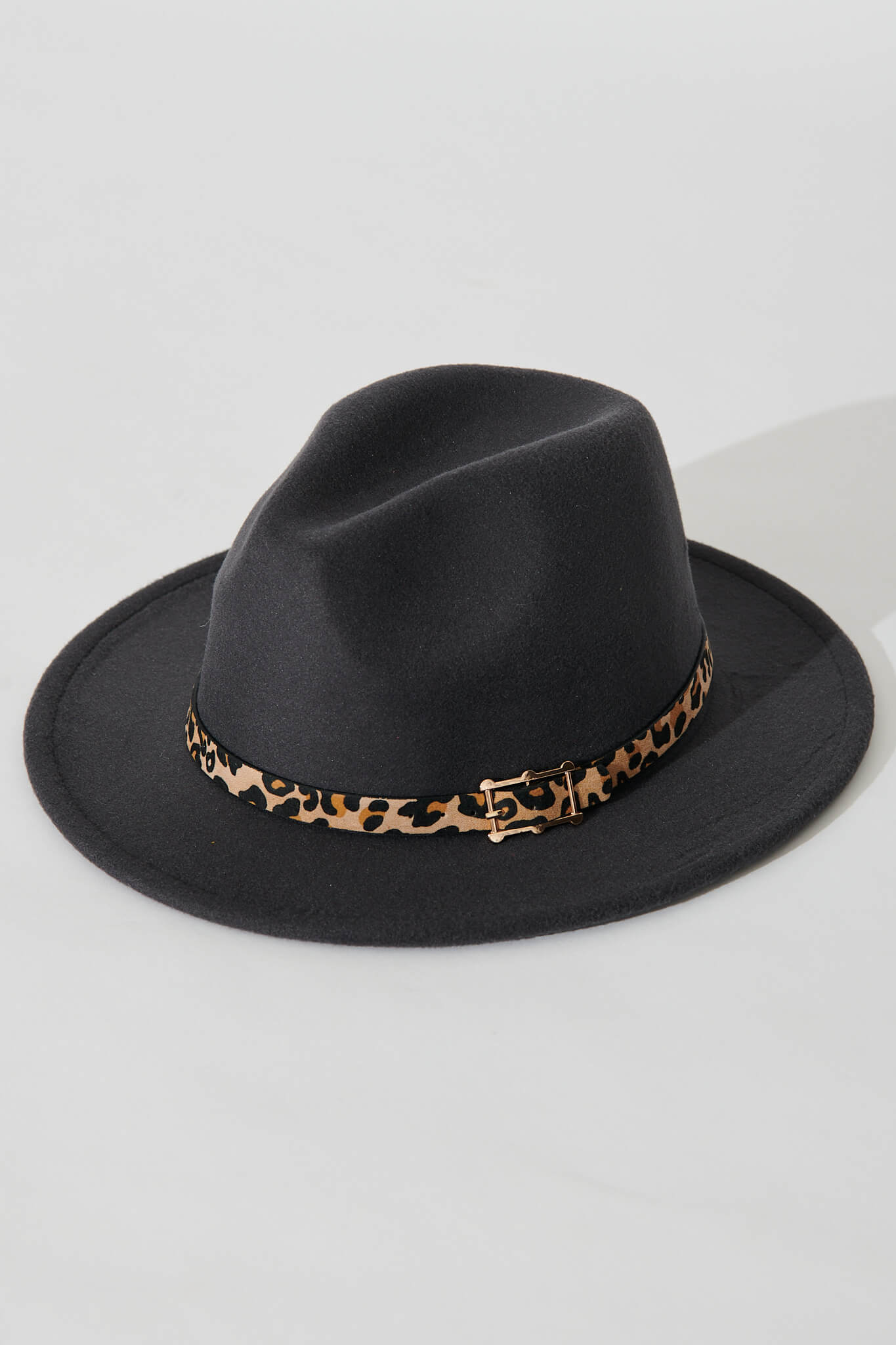 August + Delilah Dancy Fedora Hat In Dark Grey With Leopard Trim - flatlay