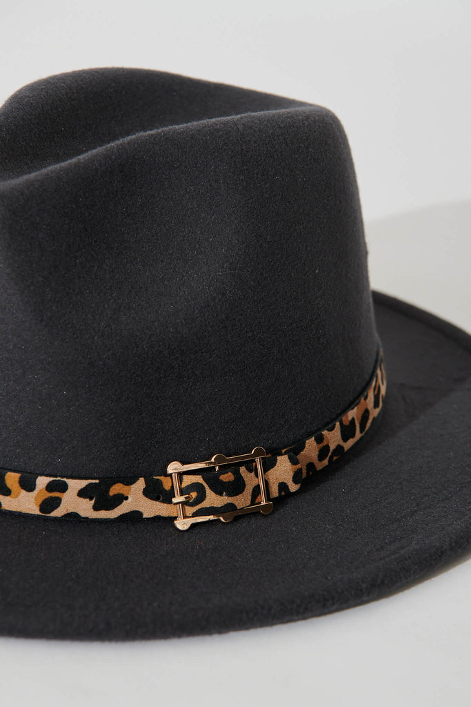 August + Delilah Dancy Fedora Hat In Dark Grey With Leopard Trim - detail