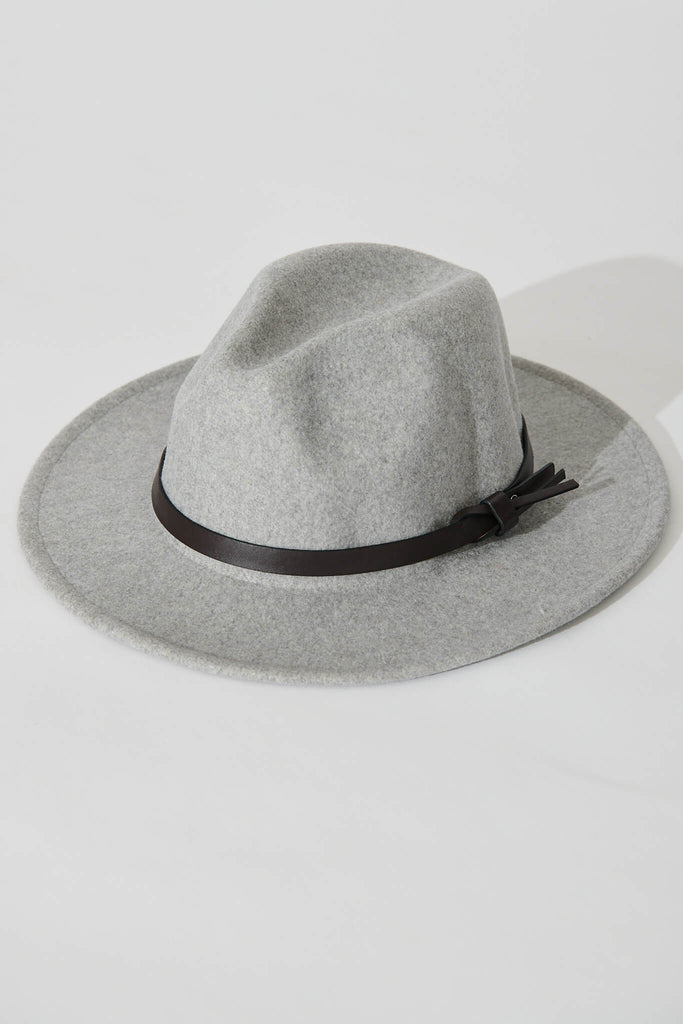 August + Delilah Ivy Fedora Hat In Light Grey With Black Trim - flatlay