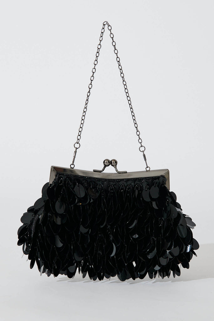 August + Delilah Leah Clutch Bag In Black Sequin - front
